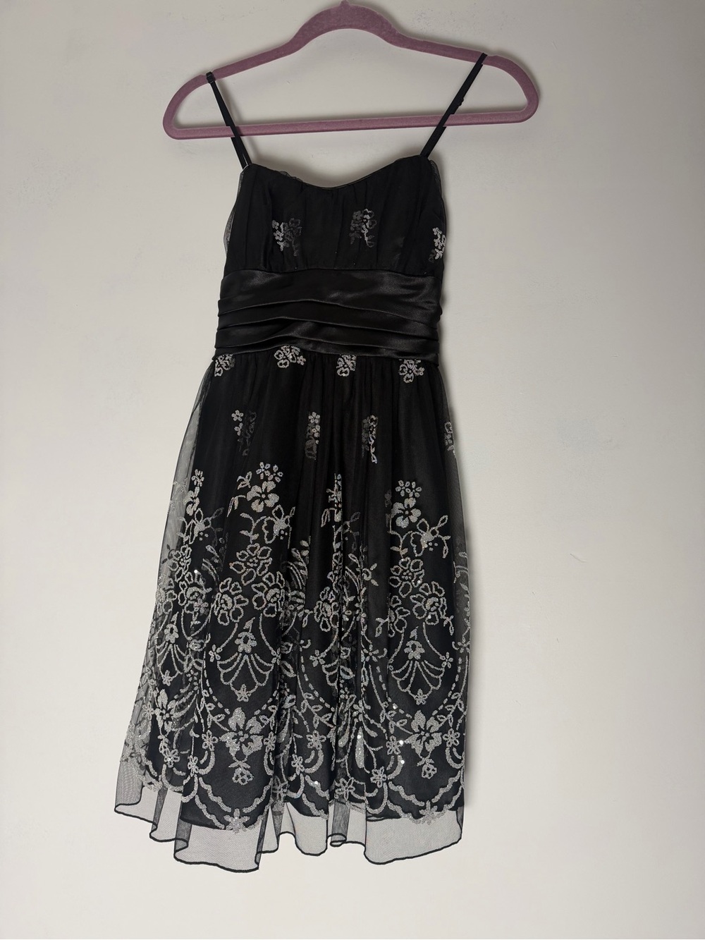 Trixxi whimsigoth Black Spaghetti-Strap Silver Floral Embroidered Dress